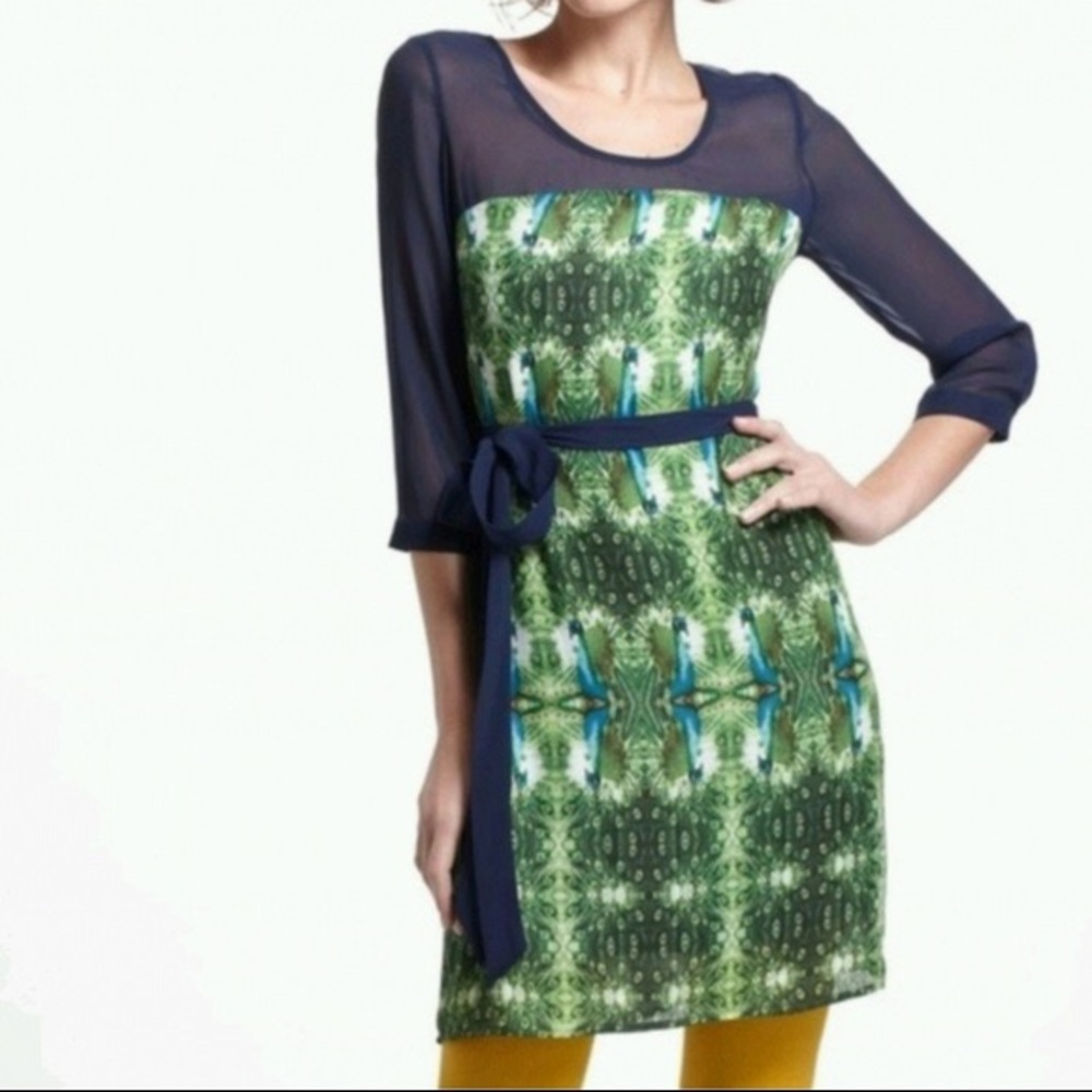 Maeve illusion neck long sleeve peacock dress M